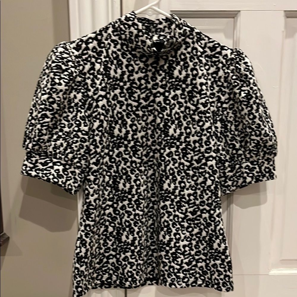 Express Black and White Puff Sleeve Blouse with Mandarin Collar